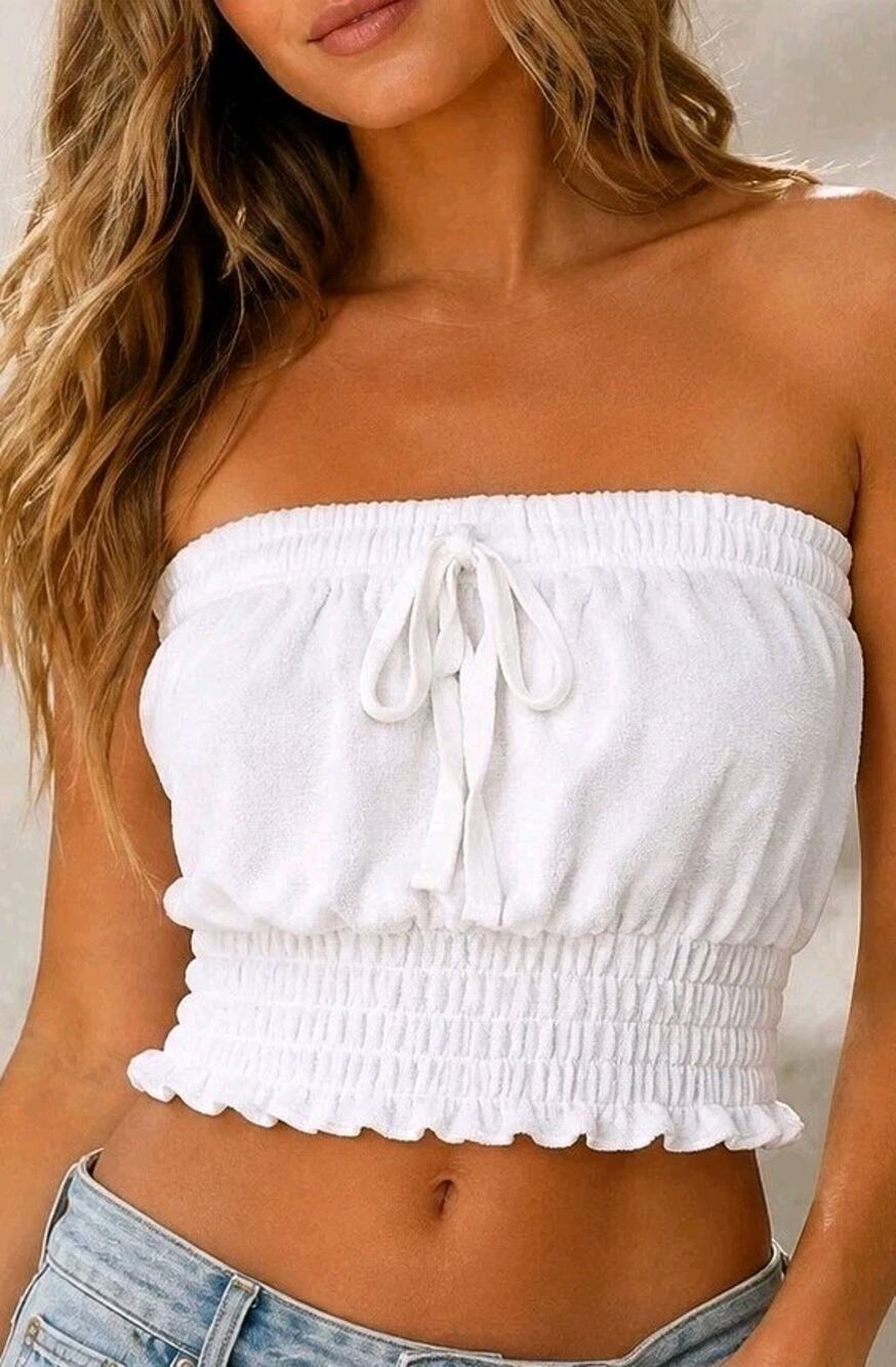 Vtg Y2K Venus White Terry Cloth Tube Top M Strapless Smocked Ruffle Beach Crop